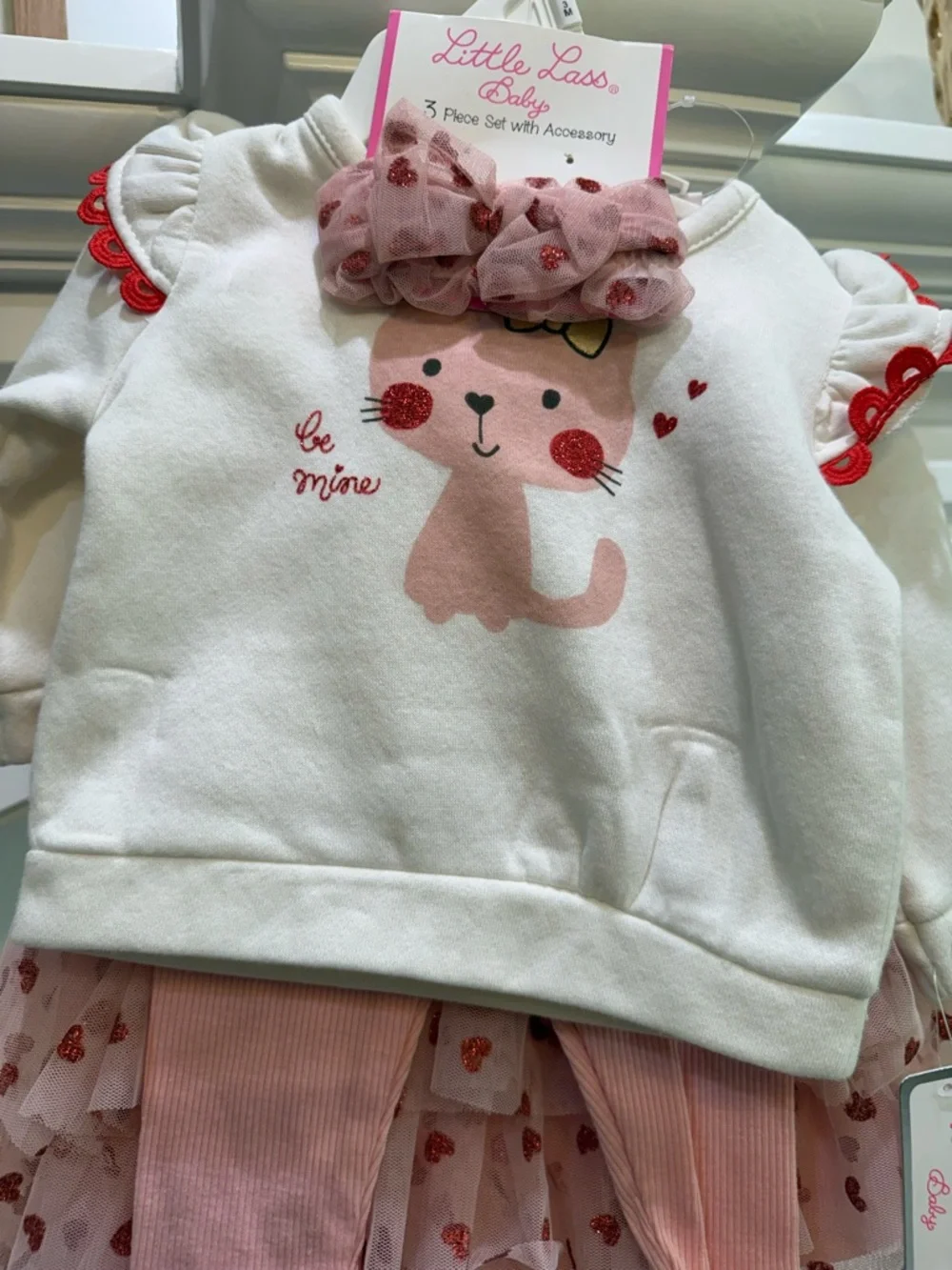 Little Lass Pink and Red Glitter Kitten Matching Set with Bow skirt top bottom - Picture 7 of 10